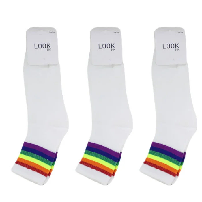 Look-Socks-Gökkuşağı-Çizgili-Beyaz-Kolej-Çorap-3-Adet