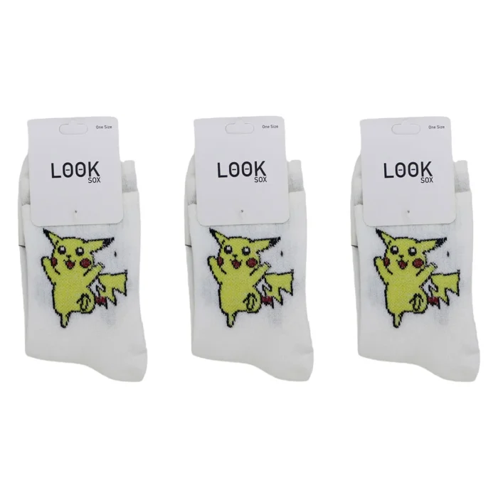 Look-Socks-Pikachu-Pokemon-Desenli-Beyaz-Kolej-Çorap-3-Adet
