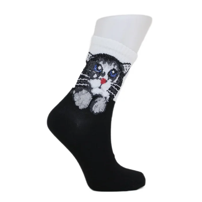 Look-Socks-Yavru-Kedi-Desenli-Siyah-Kolej-Çorap-2