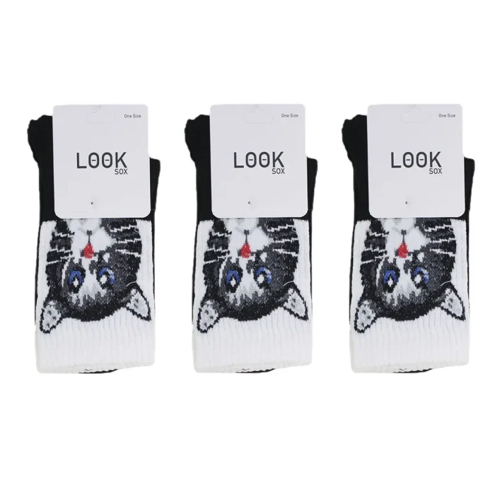 Look-Socks-Yavru-Kedi-Desenli-Siyah-Kolej-Çorap-3-Adet